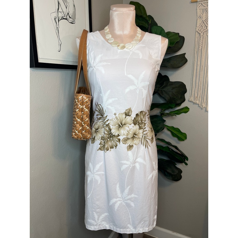 KY'S Dress White Vintage 90s Sleeveless Cotton Tropical Hibiscus Floral Sheath
